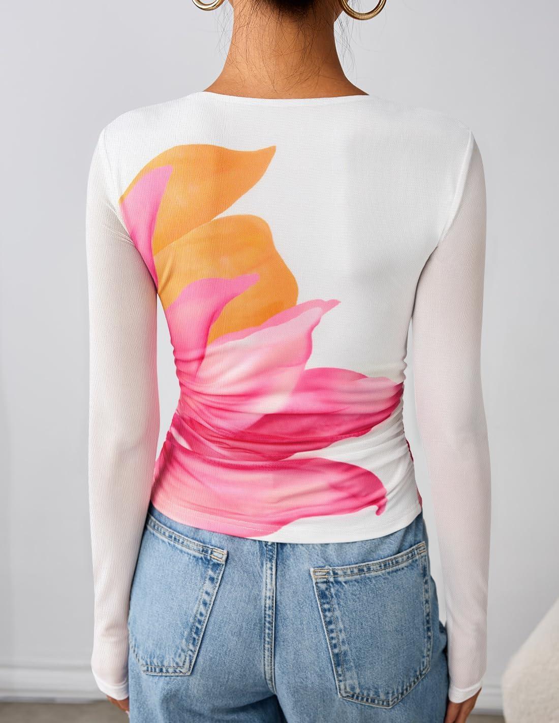 imageZESICA Womens Floral Mesh Going Out Tops Fall Long Sleeve Crewneck Slim Fit Ruched Y2k Shirts Beach Vacation OutfitsWhite