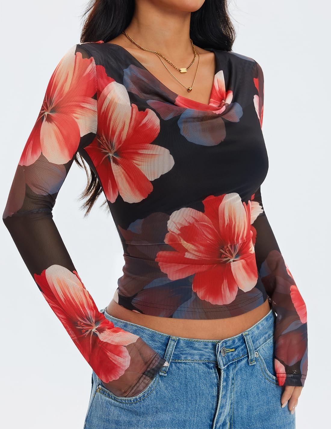 imageZESICA Womens Floral Mesh Long Sleeve Tops 2025 Fall Cowl Neck Slim Fit Going Out Y2k Shirts Trendy Date Night OutfitsBlack