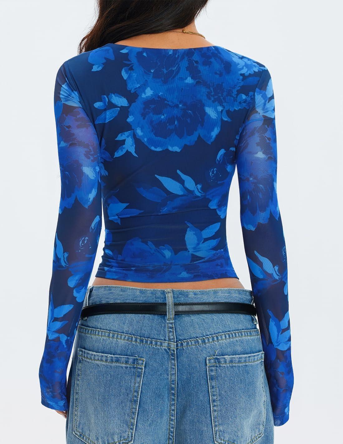 imageZESICA Womens Floral Mesh Long Sleeve Tops 2025 Fall Cowl Neck Slim Fit Going Out Y2k Shirts Trendy Date Night OutfitsDark Blue