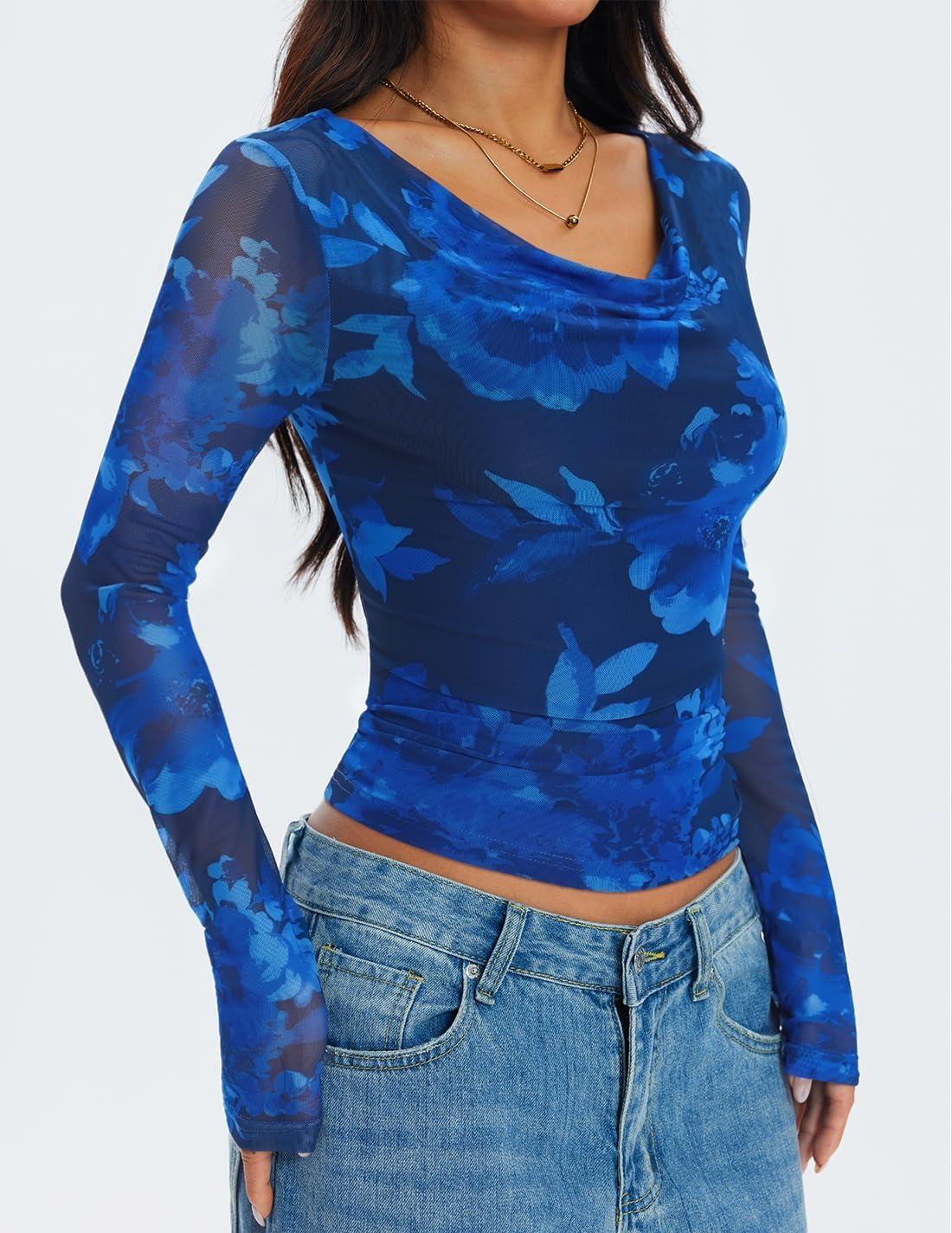 imageZESICA Womens Floral Mesh Long Sleeve Tops 2025 Fall Cowl Neck Slim Fit Going Out Y2k Shirts Trendy Date Night OutfitsDark Blue