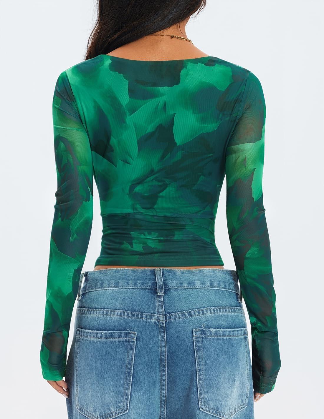 imageZESICA Womens Floral Mesh Long Sleeve Tops 2025 Fall Cowl Neck Slim Fit Going Out Y2k Shirts Trendy Date Night OutfitsGreen