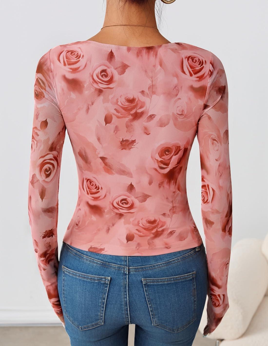 imageZESICA Womens Floral Mesh Long Sleeve Tops 2025 Fall Cowl Neck Slim Fit Going Out Y2k Shirts Trendy Date Night OutfitsPink