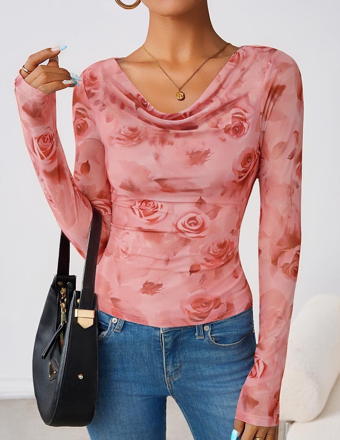 imageZESICA Womens Floral Mesh Long Sleeve Tops 2025 Fall Cowl Neck Slim Fit Going Out Y2k Shirts Trendy Date Night OutfitsPink