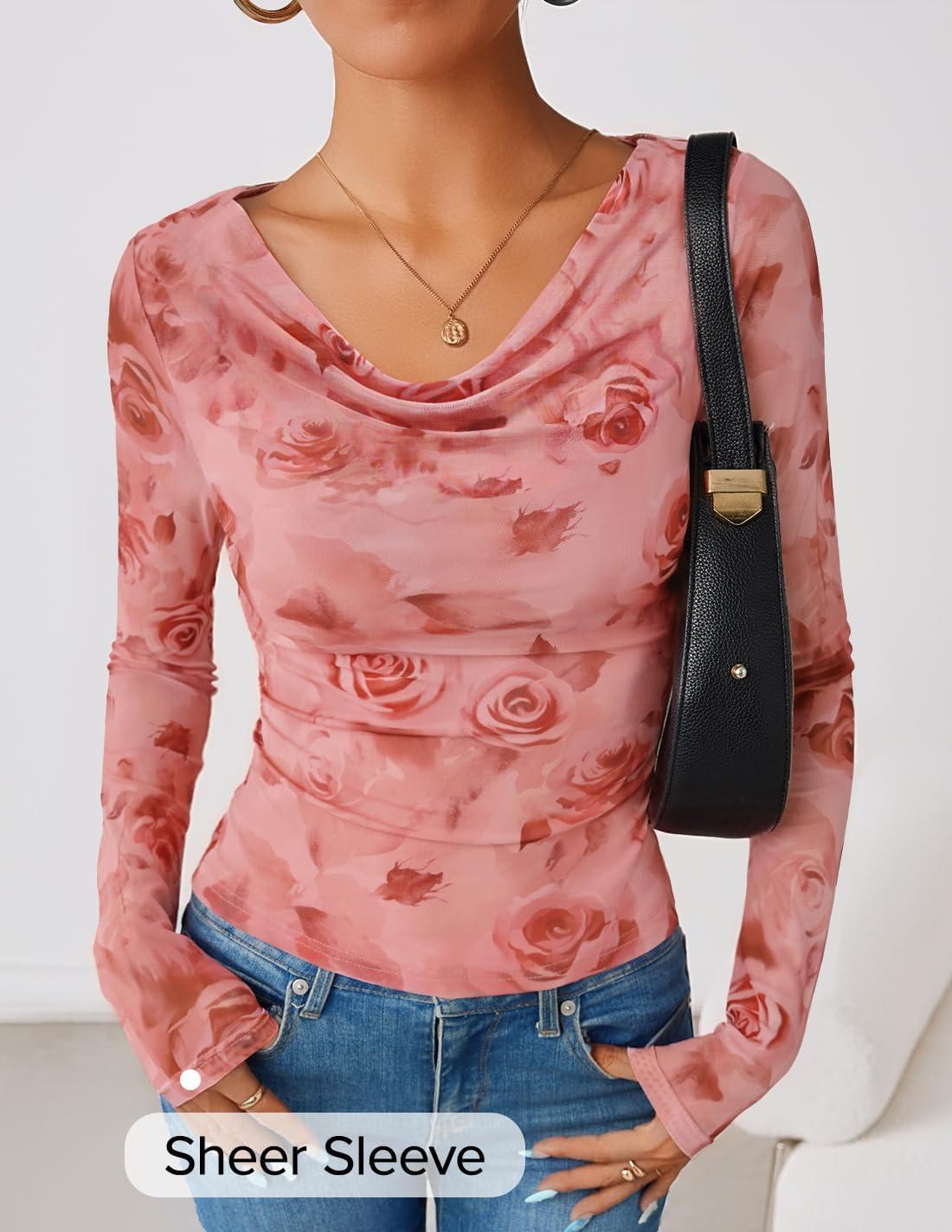 imageZESICA Womens Floral Mesh Long Sleeve Tops 2025 Fall Cowl Neck Slim Fit Going Out Y2k Shirts Trendy Date Night OutfitsPink