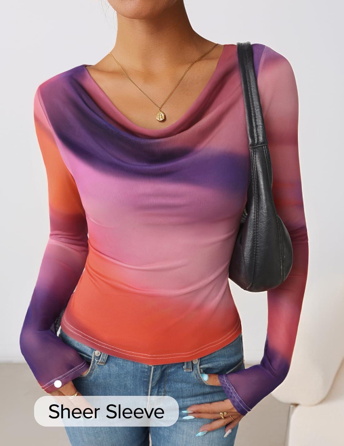imageZESICA Womens Floral Mesh Long Sleeve Tops 2025 Fall Cowl Neck Slim Fit Going Out Y2k Shirts Trendy Date Night OutfitsPurple