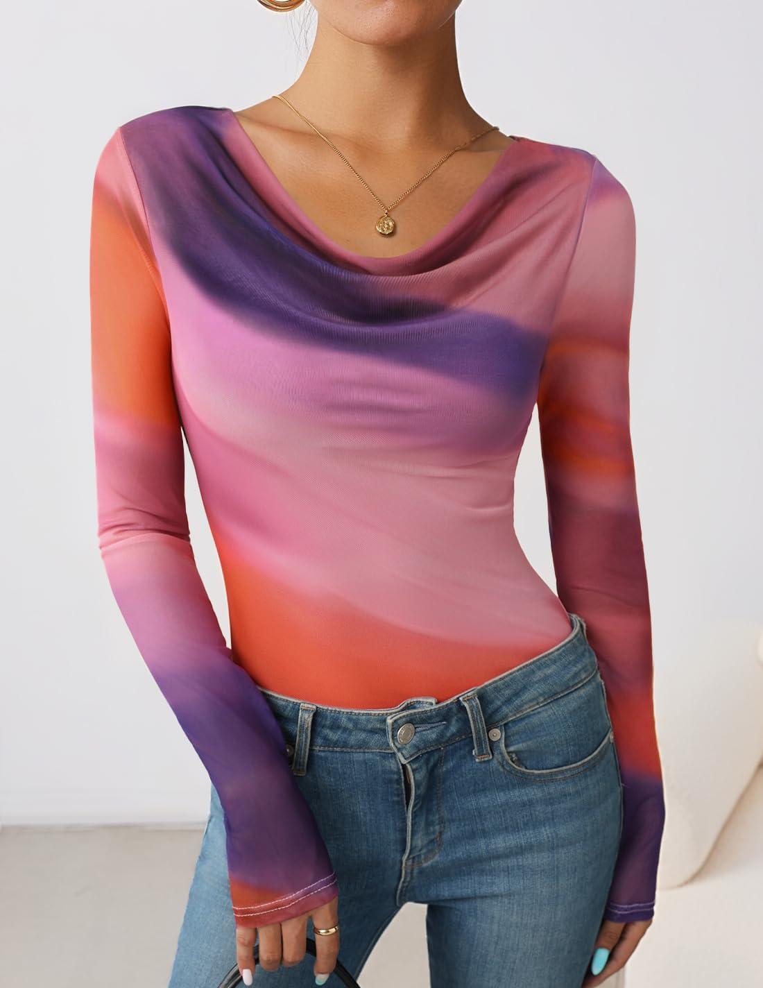 imageZESICA Womens Floral Mesh Long Sleeve Tops 2025 Fall Cowl Neck Slim Fit Going Out Y2k Shirts Trendy Date Night OutfitsPurple