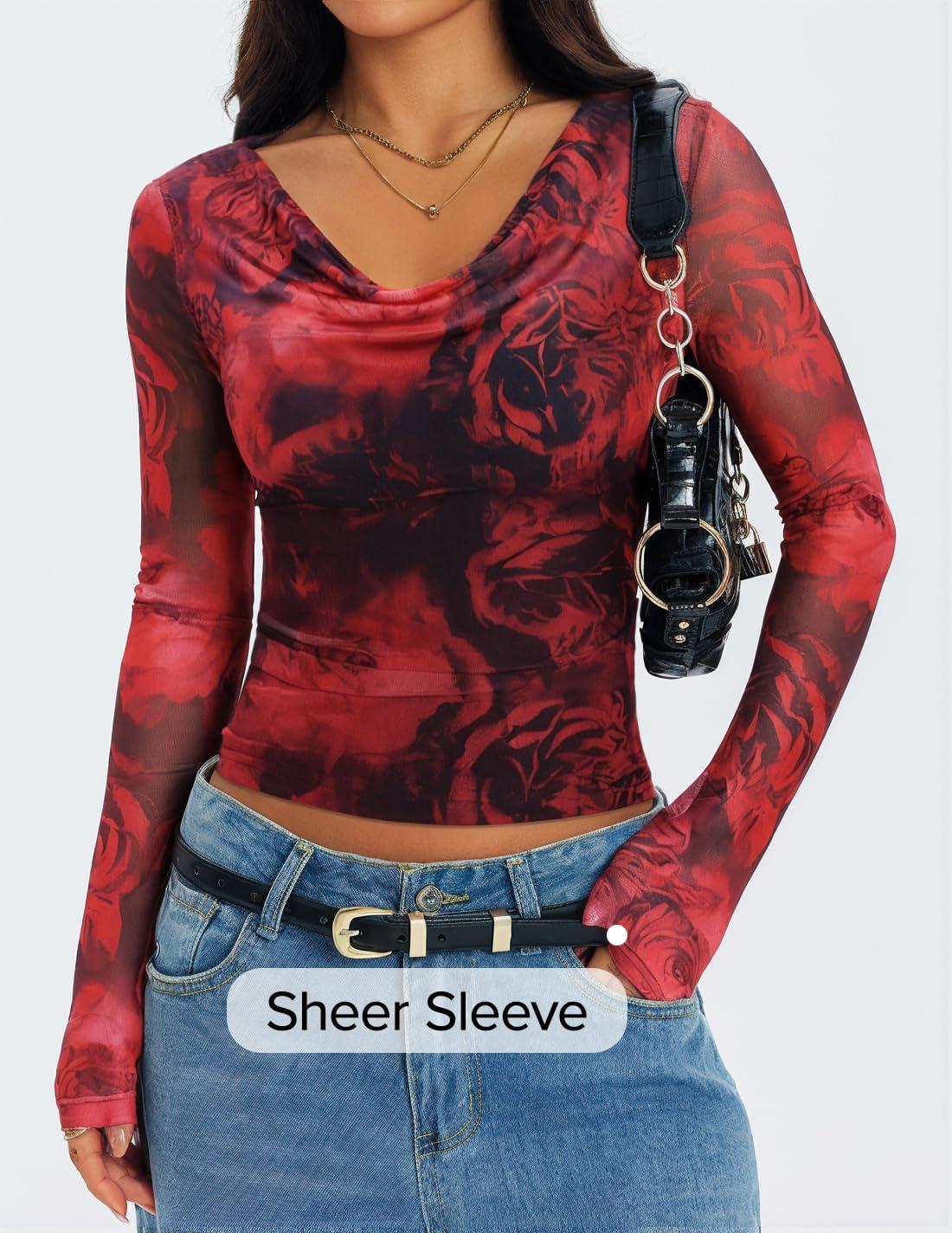 imageZESICA Womens Floral Mesh Long Sleeve Tops 2025 Fall Cowl Neck Slim Fit Going Out Y2k Shirts Trendy Date Night OutfitsRed