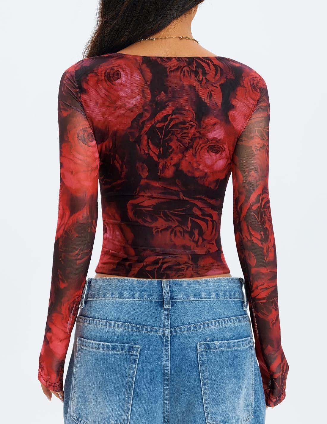 imageZESICA Womens Floral Mesh Long Sleeve Tops 2025 Fall Cowl Neck Slim Fit Going Out Y2k Shirts Trendy Date Night OutfitsRed