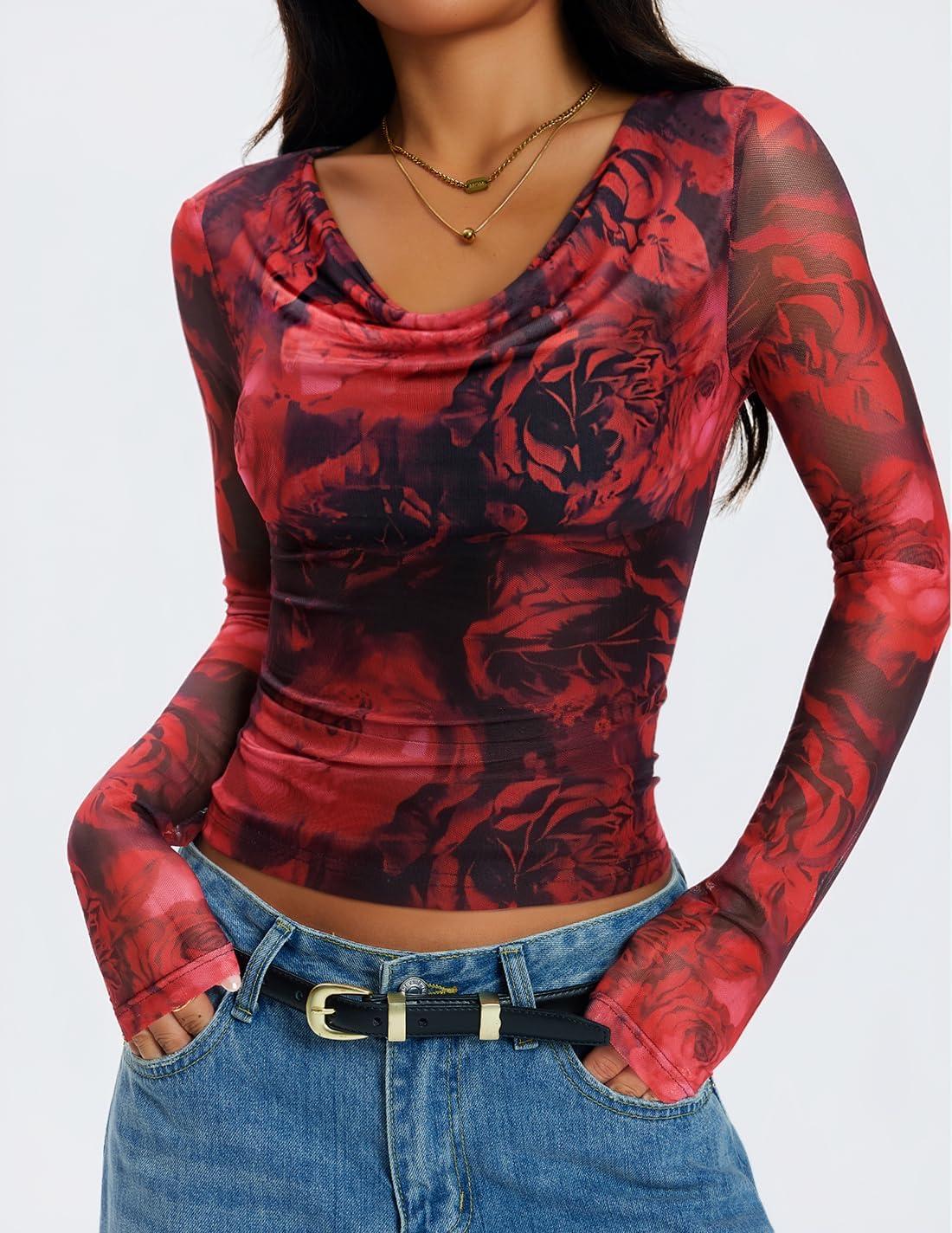 imageZESICA Womens Floral Mesh Long Sleeve Tops 2025 Fall Cowl Neck Slim Fit Going Out Y2k Shirts Trendy Date Night OutfitsRed