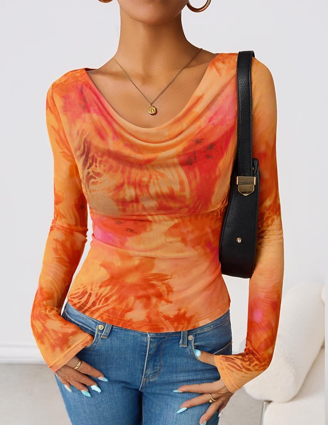 imageZESICA Womens Floral Mesh Long Sleeve Tops 2025 Fall Cowl Neck Slim Fit Going Out Y2k Shirts Trendy Date Night OutfitsTangerine