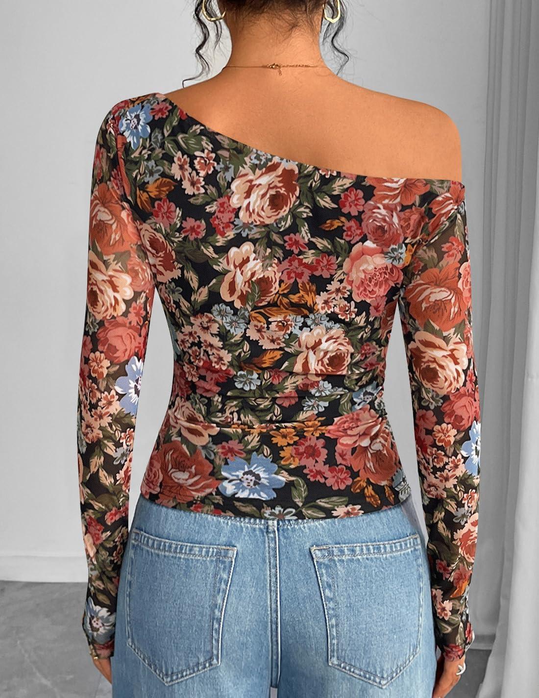 imageZESICA Womens Floral Off Shoulder Long Sleeve Tops 2025 Fall Mesh Ruched Fitted Trendy Going Out Shirts BlousesMulticolour