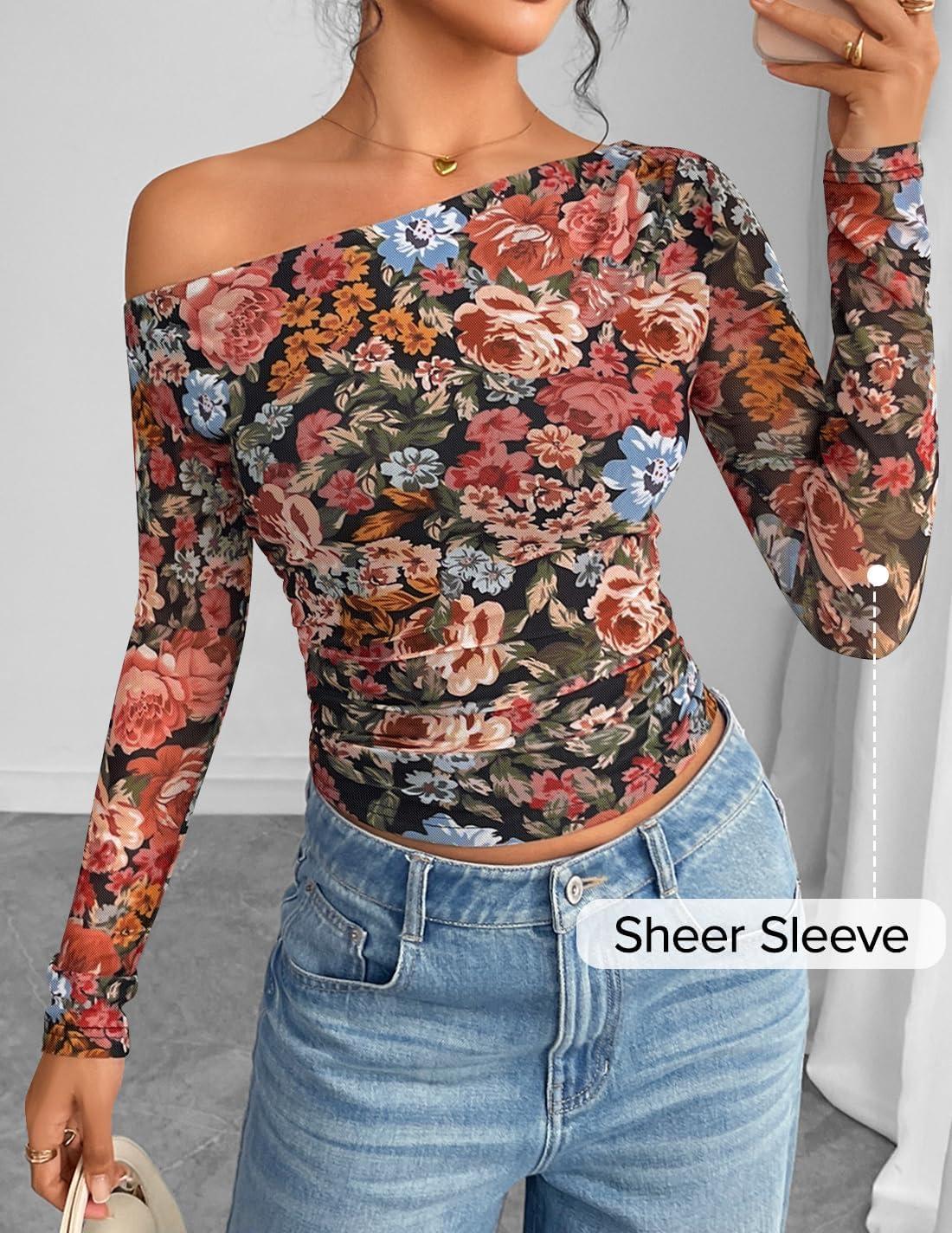 imageZESICA Womens Floral Off Shoulder Long Sleeve Tops 2025 Fall Mesh Ruched Fitted Trendy Going Out Shirts BlousesMulticolour