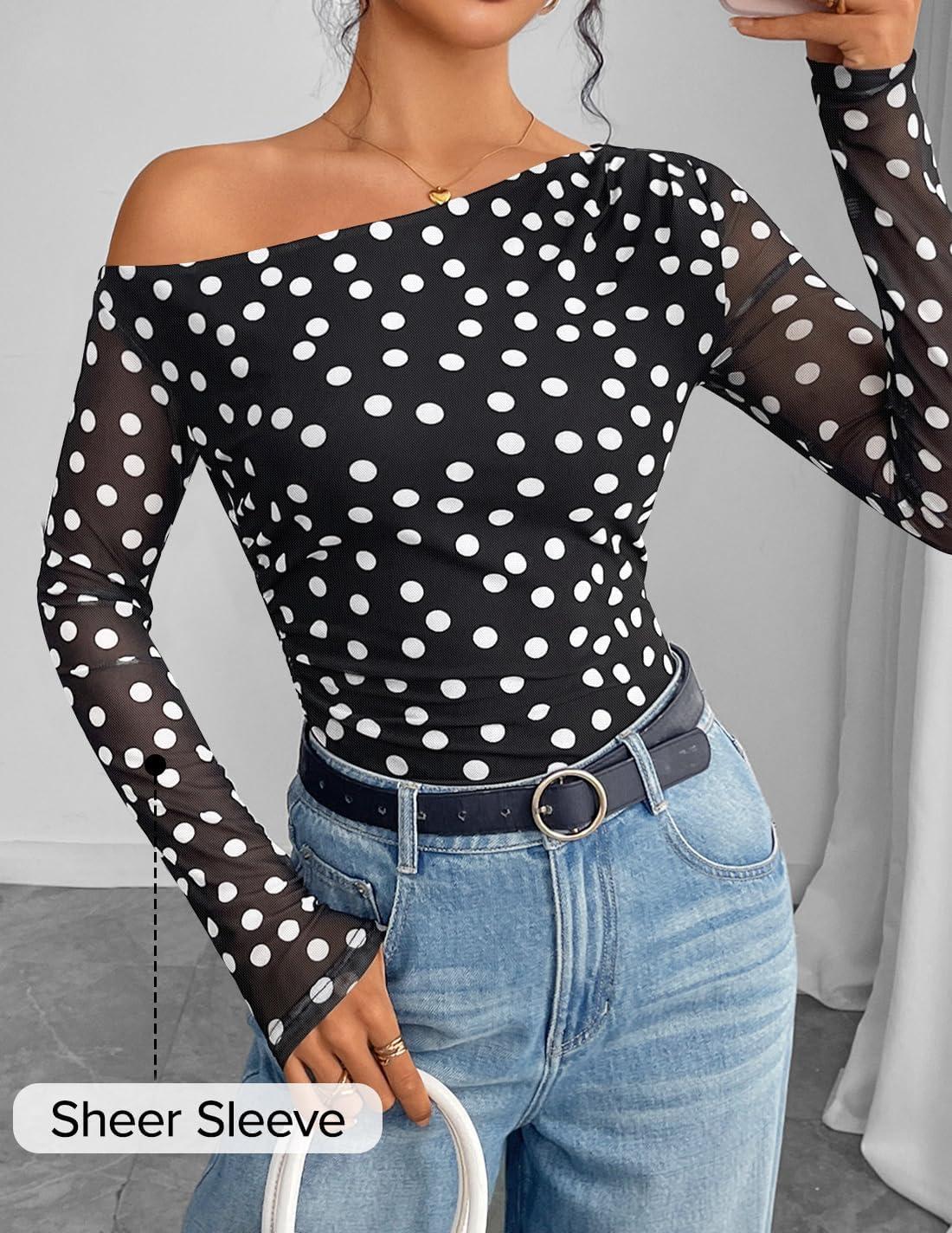 imageZESICA Womens Floral Off Shoulder Long Sleeve Tops 2025 Fall Mesh Ruched Fitted Trendy Going Out Shirts BlousesPointblack