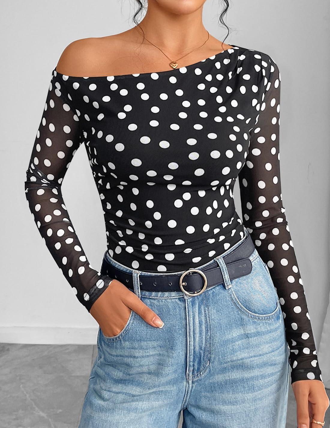 imageZESICA Womens Floral Off Shoulder Long Sleeve Tops 2025 Fall Mesh Ruched Fitted Trendy Going Out Shirts BlousesPointblack