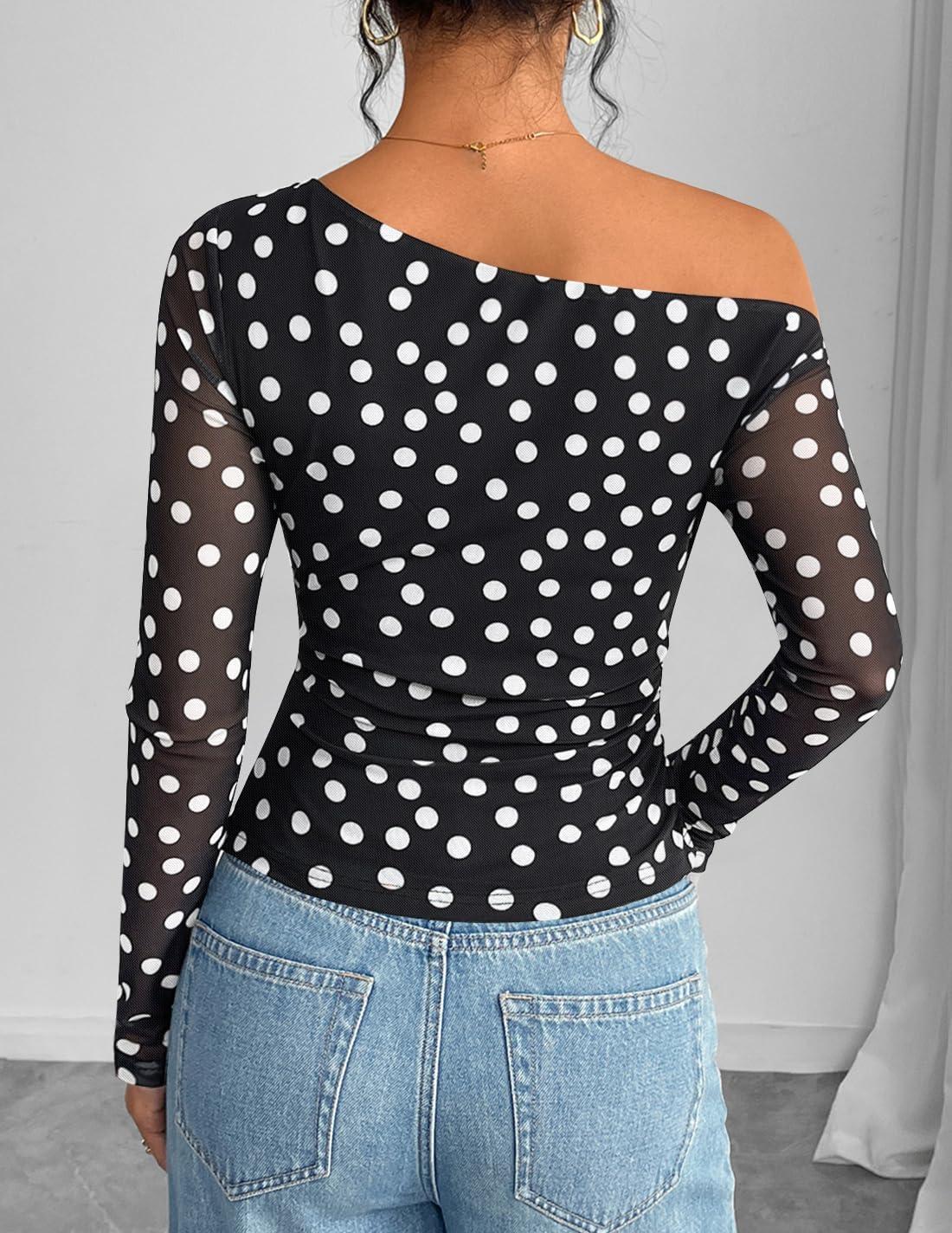imageZESICA Womens Floral Off Shoulder Long Sleeve Tops 2025 Fall Mesh Ruched Fitted Trendy Going Out Shirts BlousesPointblack