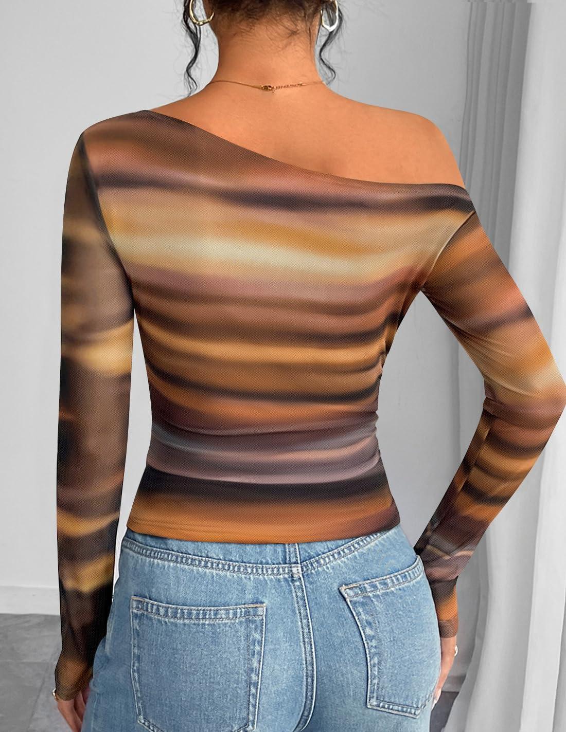 imageZESICA Womens Floral Off Shoulder Long Sleeve Tops 2025 Fall Mesh Ruched Fitted Trendy Going Out Shirts BlousesRosebrown