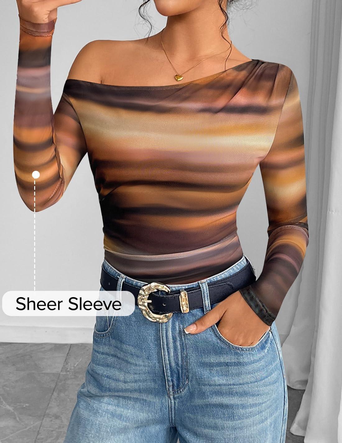 imageZESICA Womens Floral Off Shoulder Long Sleeve Tops 2025 Fall Mesh Ruched Fitted Trendy Going Out Shirts BlousesRosebrown