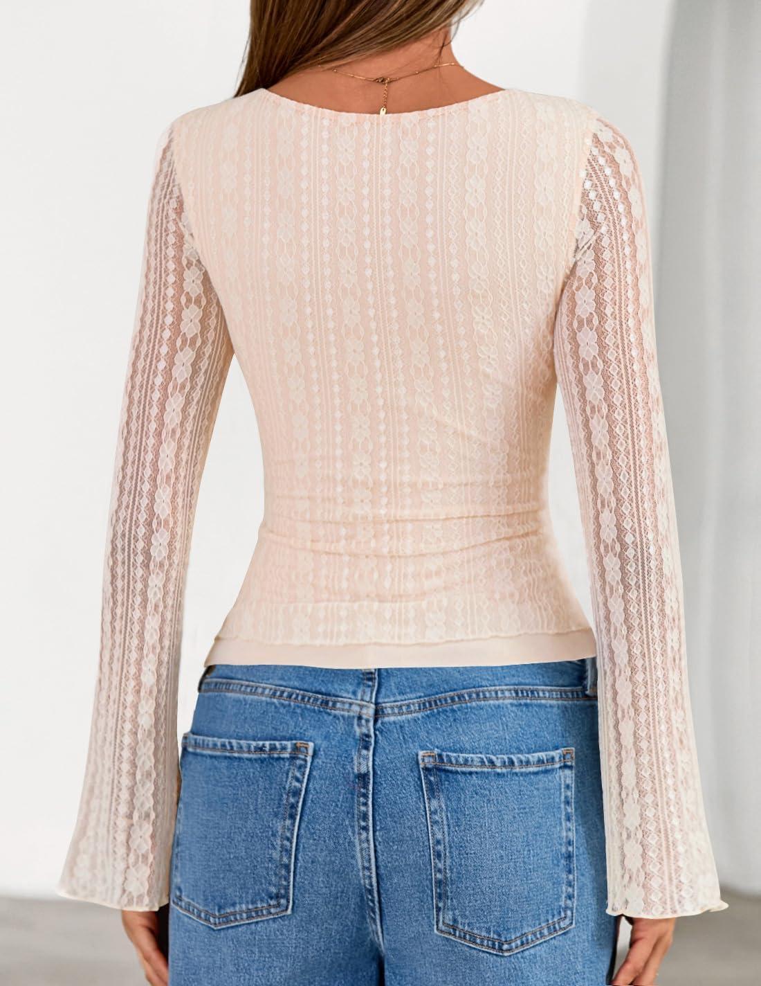 imageZESICA Womens Lace Mesh Long Sleeve Shirts Fall Double Lined Boat Neck Slim Fit Asymmetrical Going Out Tops Date Night OutfitBeige