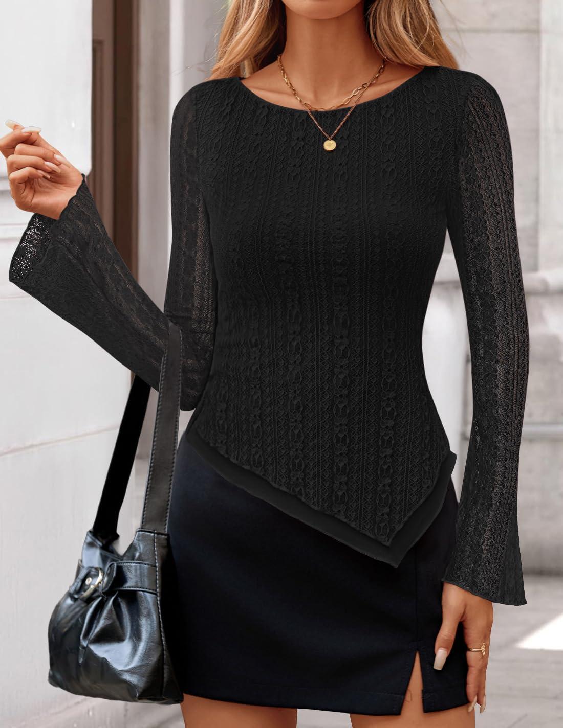 imageZESICA Womens Lace Mesh Long Sleeve Shirts Fall Double Lined Boat Neck Slim Fit Asymmetrical Going Out Tops Date Night OutfitBlack