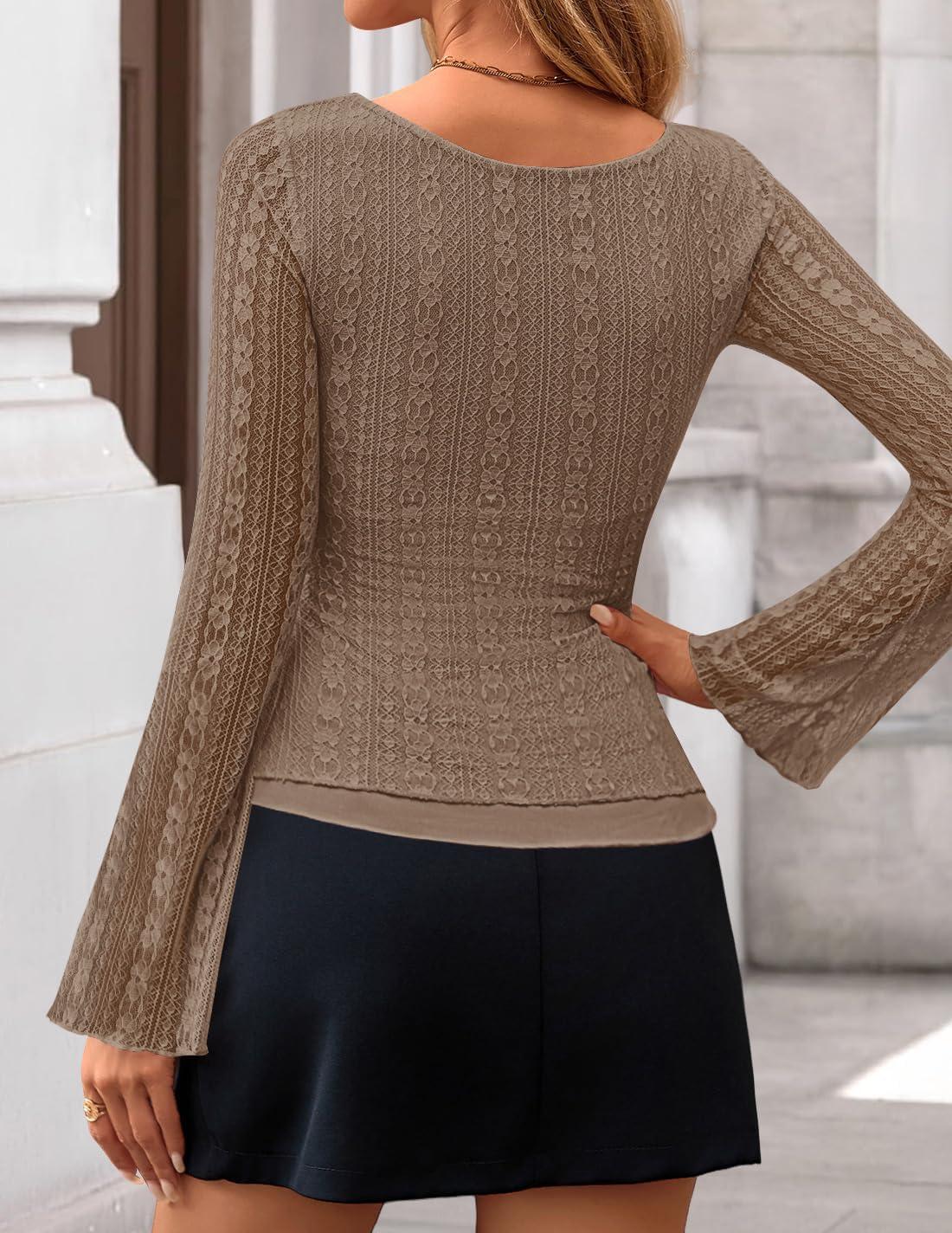 imageZESICA Womens Lace Mesh Long Sleeve Shirts Fall Double Lined Boat Neck Slim Fit Asymmetrical Going Out Tops Date Night OutfitKhaki