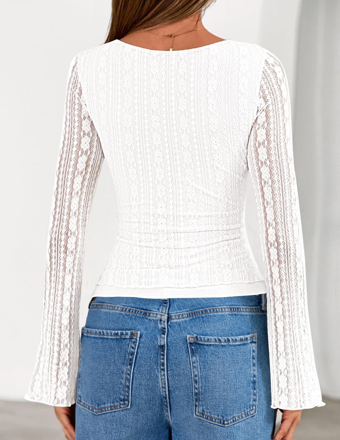 imageZESICA Womens Lace Mesh Long Sleeve Shirts Fall Double Lined Boat Neck Slim Fit Asymmetrical Going Out Tops Date Night OutfitWhite