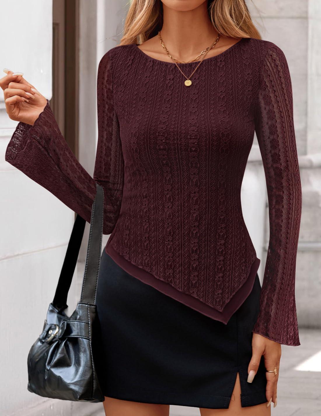 imageZESICA Womens Lace Mesh Long Sleeve Shirts Fall Double Lined Boat Neck Slim Fit Asymmetrical Going Out Tops Date Night OutfitWine