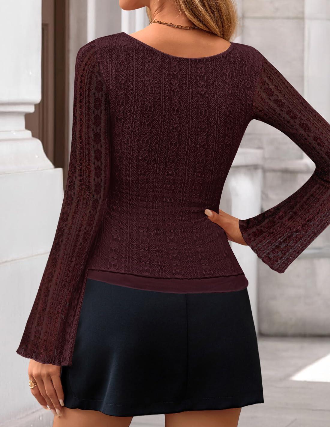imageZESICA Womens Lace Mesh Long Sleeve Shirts Fall Double Lined Boat Neck Slim Fit Asymmetrical Going Out Tops Date Night OutfitWine