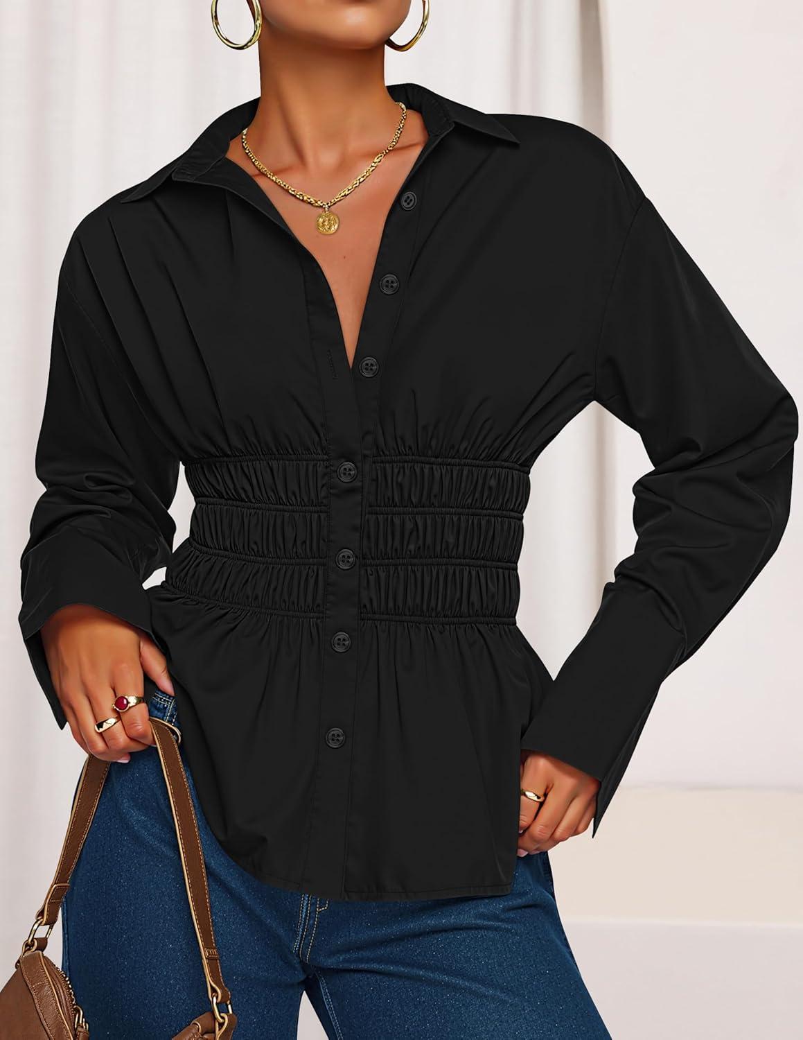 imageZESICA Womens Long Sleeve Button Down Cotton Shirts 2025 Fall Business Casual Collared Blouse Work Office Dressy TopsBlack
