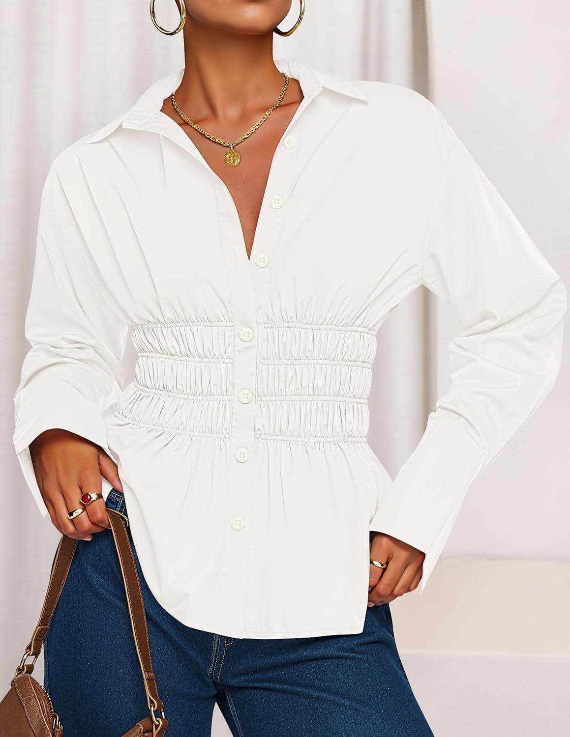 imageZESICA Womens Long Sleeve Button Down Cotton Shirts 2025 Fall Business Casual Collared Blouse Work Office Dressy TopsWhite