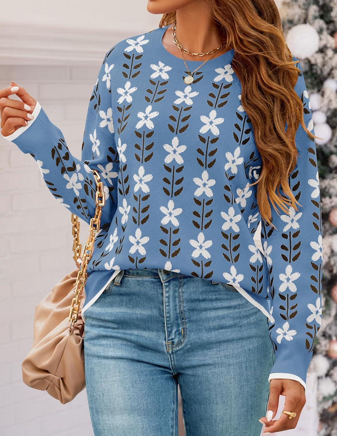 imageZESICA Womens Long Sleeve Crewneck Sweater 2025 Fall Printed Cute Oversized Knitted Pullover Tops Trendy ClothesDusty Blue