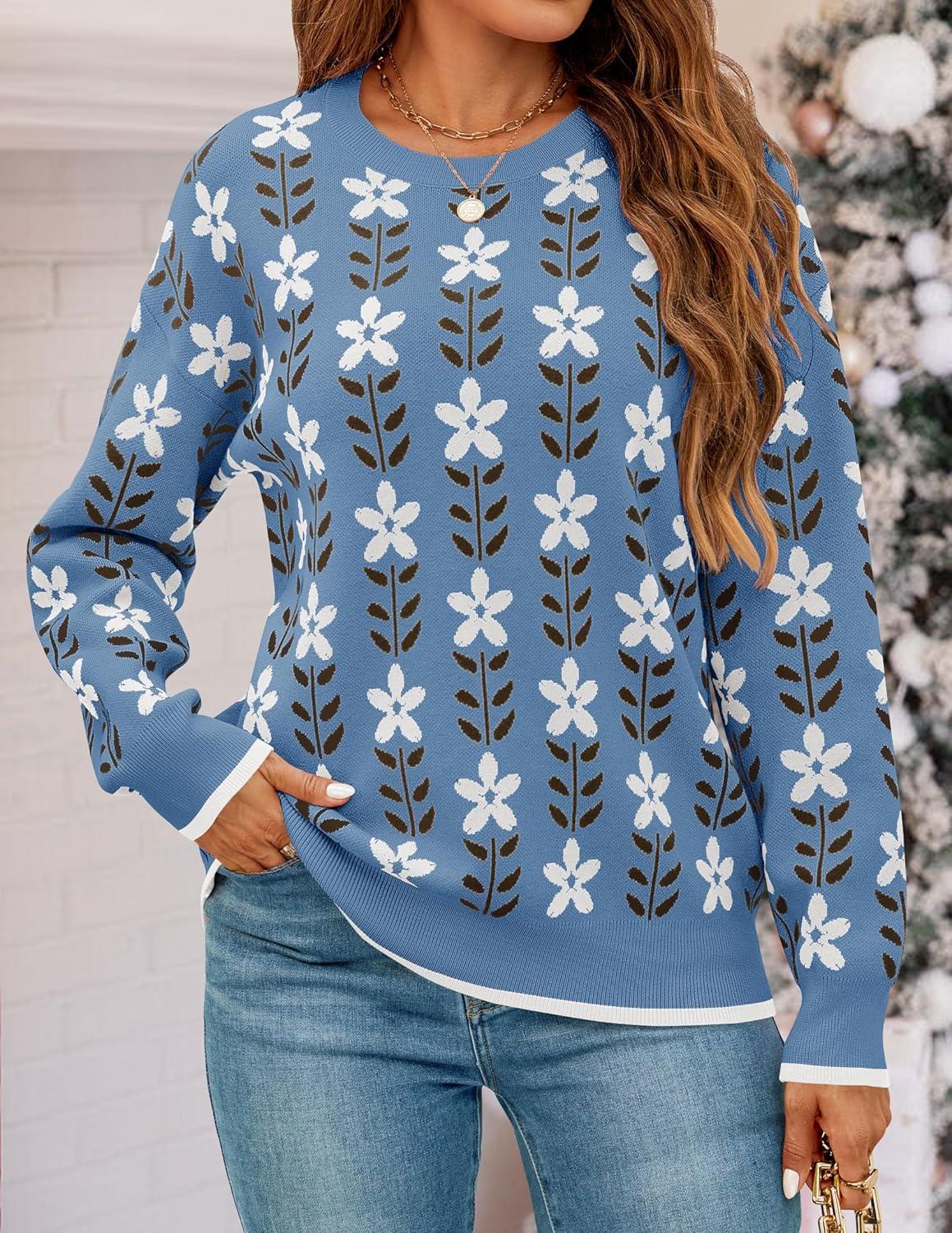 imageZESICA Womens Long Sleeve Crewneck Sweater 2025 Fall Printed Cute Oversized Knitted Pullover Tops Trendy ClothesDusty Blue