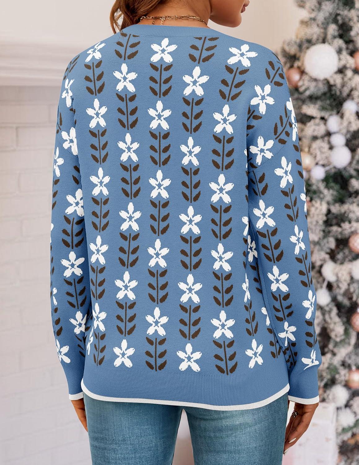 imageZESICA Womens Long Sleeve Crewneck Sweater 2025 Fall Printed Cute Oversized Knitted Pullover Tops Trendy ClothesDusty Blue