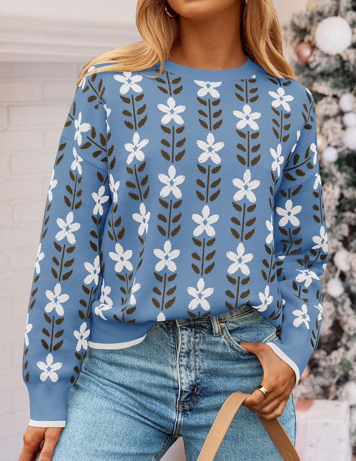 imageZESICA Womens Long Sleeve Crewneck Sweater 2025 Fall Printed Cute Oversized Knitted Pullover Tops Trendy ClothesDusty Blue