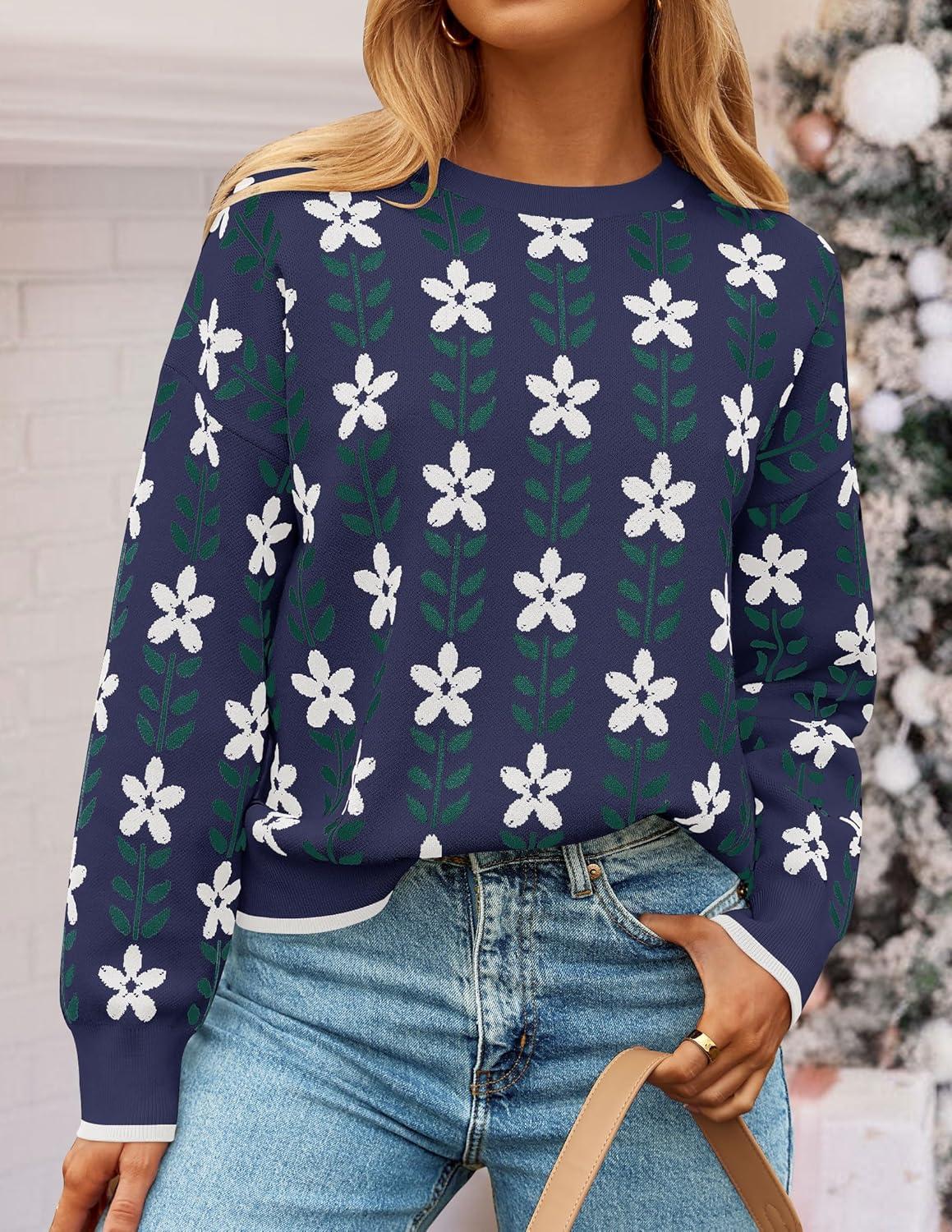 imageZESICA Womens Long Sleeve Crewneck Sweater 2025 Fall Printed Cute Oversized Knitted Pullover Tops Trendy ClothesNavy