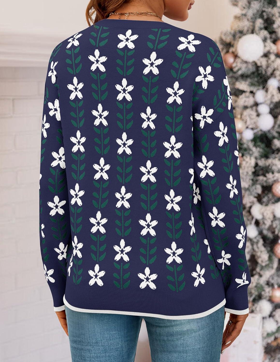 imageZESICA Womens Long Sleeve Crewneck Sweater 2025 Fall Printed Cute Oversized Knitted Pullover Tops Trendy ClothesNavy