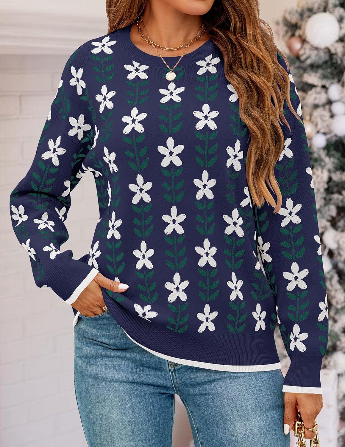 imageZESICA Womens Long Sleeve Crewneck Sweater 2025 Fall Printed Cute Oversized Knitted Pullover Tops Trendy ClothesNavy