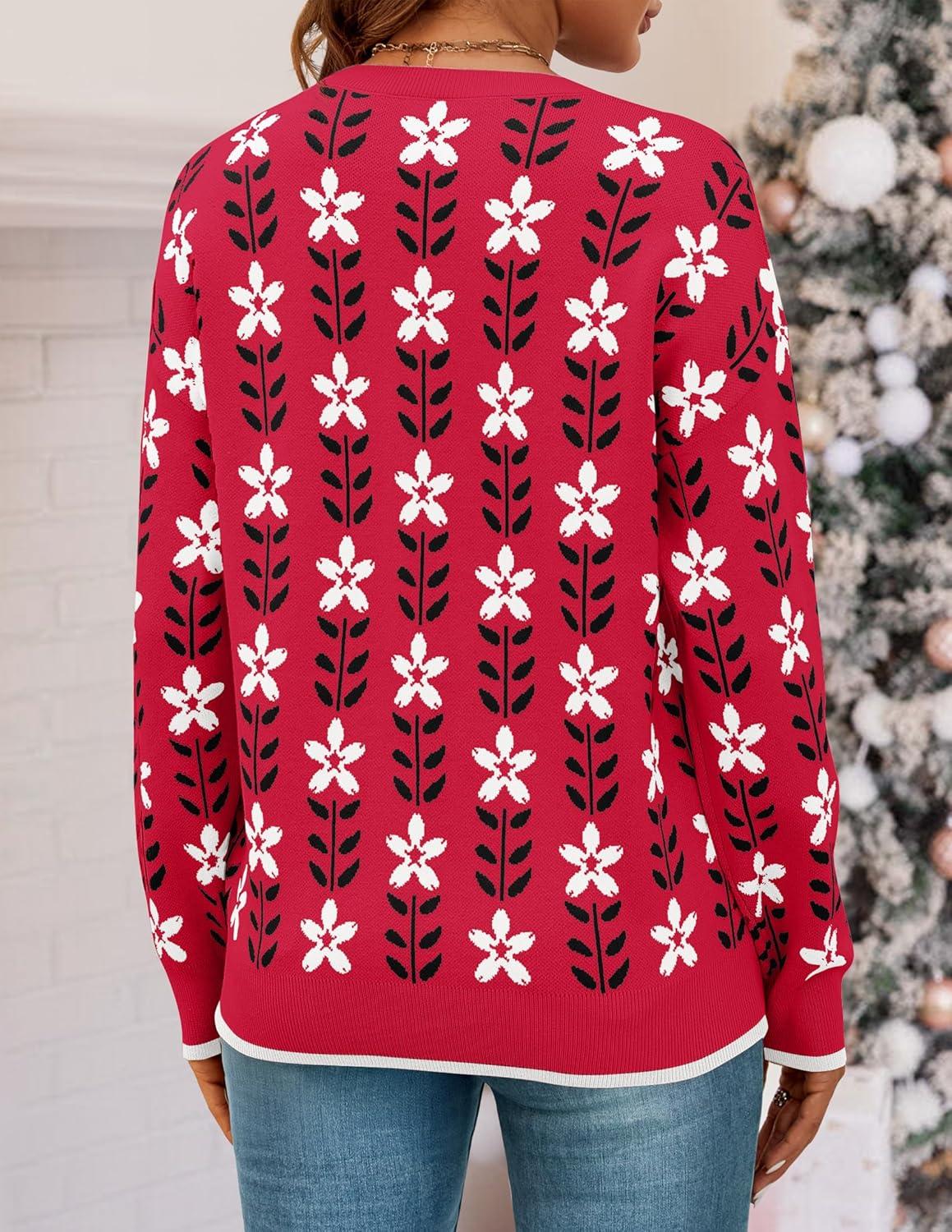 imageZESICA Womens Long Sleeve Crewneck Sweater 2025 Fall Printed Cute Oversized Knitted Pullover Tops Trendy ClothesRed