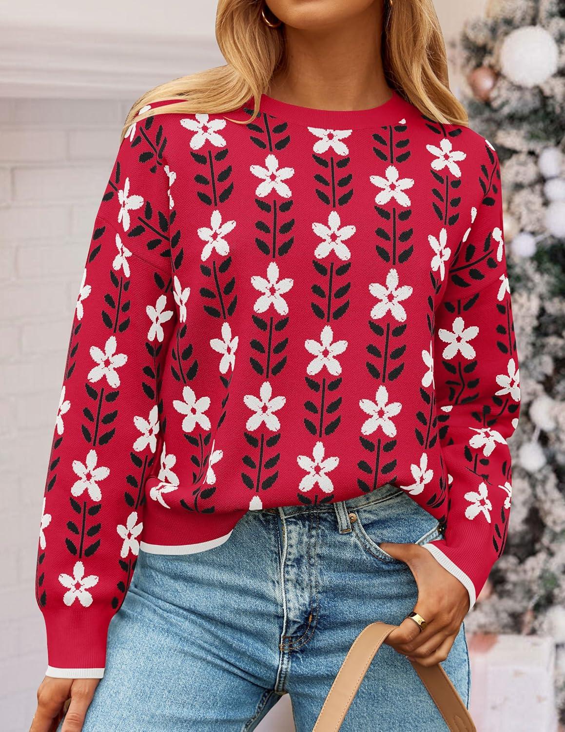 imageZESICA Womens Long Sleeve Crewneck Sweater 2025 Fall Printed Cute Oversized Knitted Pullover Tops Trendy ClothesRed