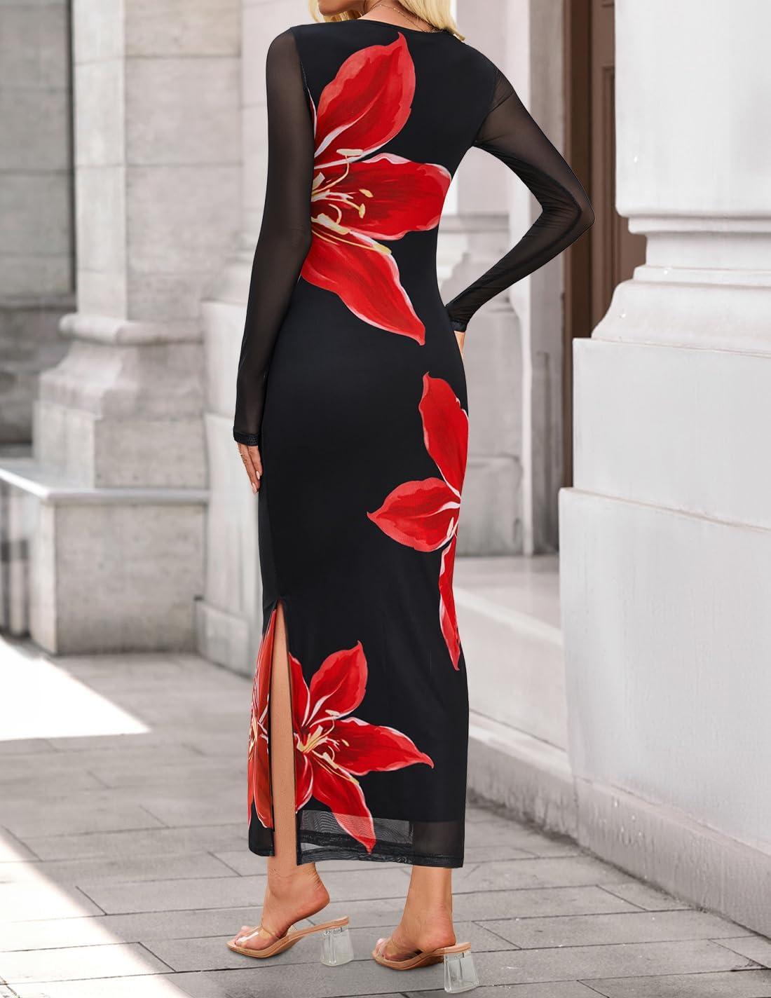 imageZESICA Womens Long Sleeve Floral Maxi Dresses 2025 Fall Bodycon Crewneck Side Slit Ruched Fitted Party Long DressBlack