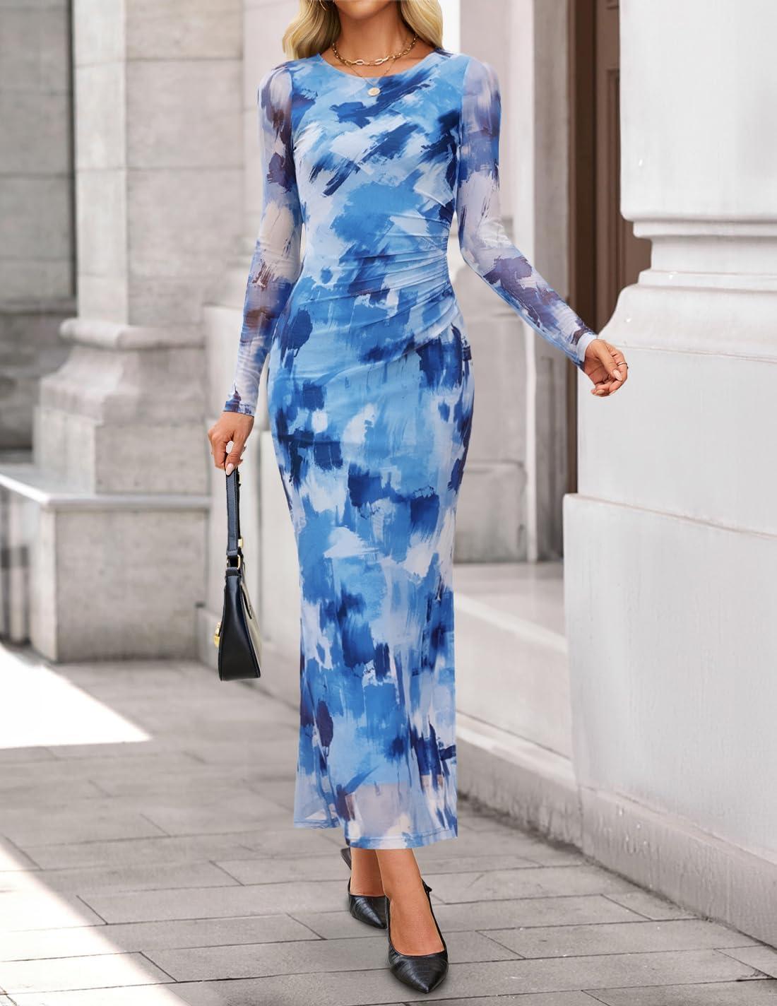 imageZESICA Womens Long Sleeve Floral Maxi Dresses 2025 Fall Bodycon Crewneck Side Slit Ruched Fitted Party Long DressBlue