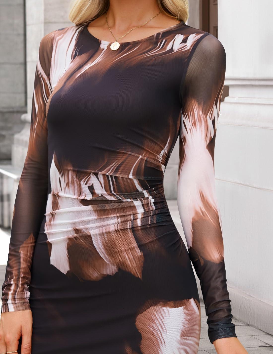 imageZESICA Womens Long Sleeve Floral Maxi Dresses 2025 Fall Bodycon Crewneck Side Slit Ruched Fitted Party Long DressBrown