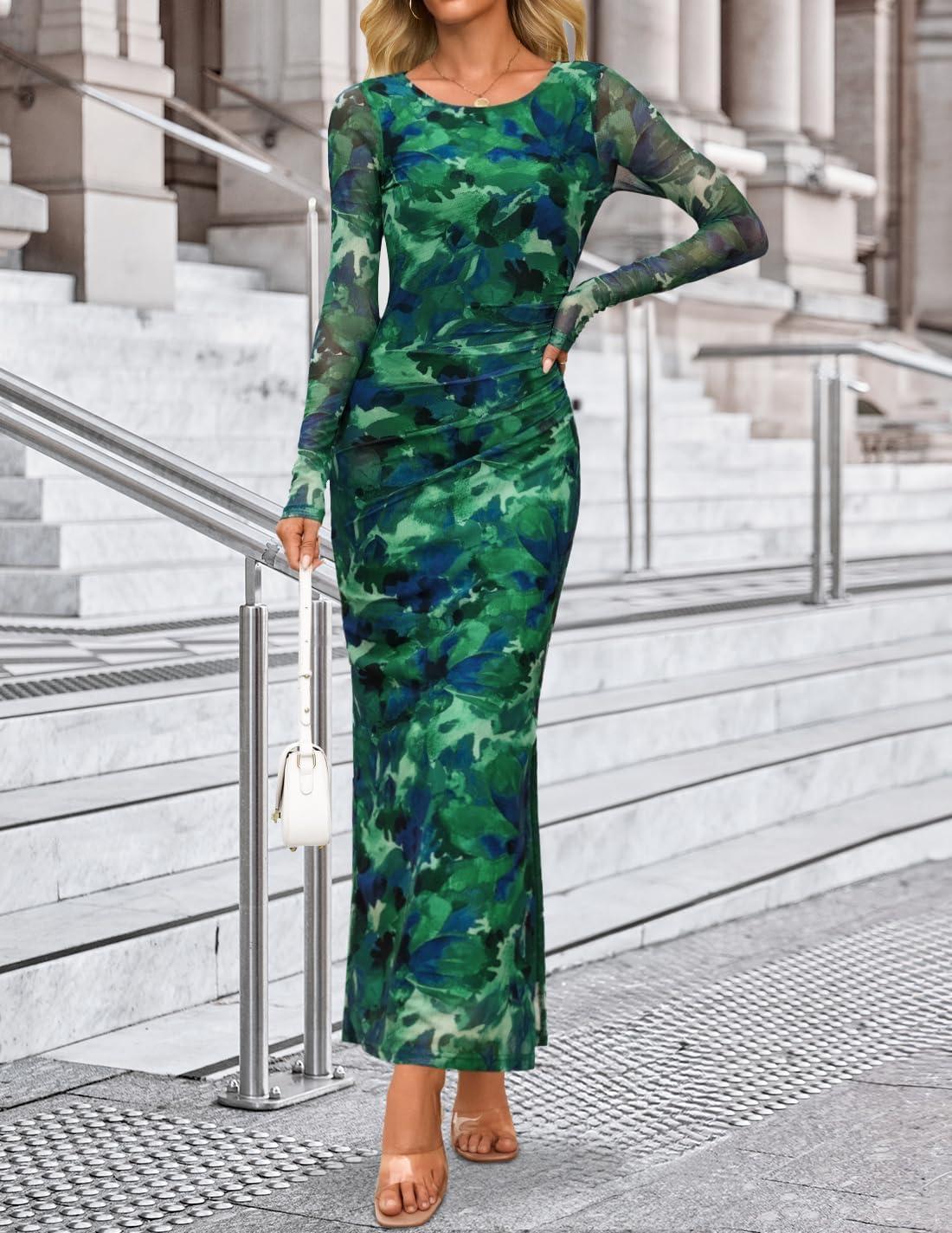 imageZESICA Womens Long Sleeve Floral Maxi Dresses 2025 Fall Bodycon Crewneck Side Slit Ruched Fitted Party Long DressGreen