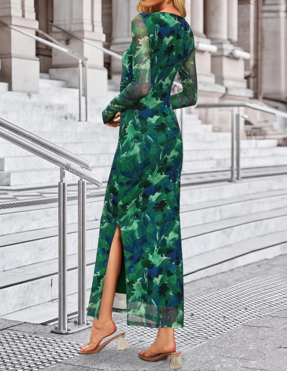 imageZESICA Womens Long Sleeve Floral Maxi Dresses 2025 Fall Bodycon Crewneck Side Slit Ruched Fitted Party Long DressGreen