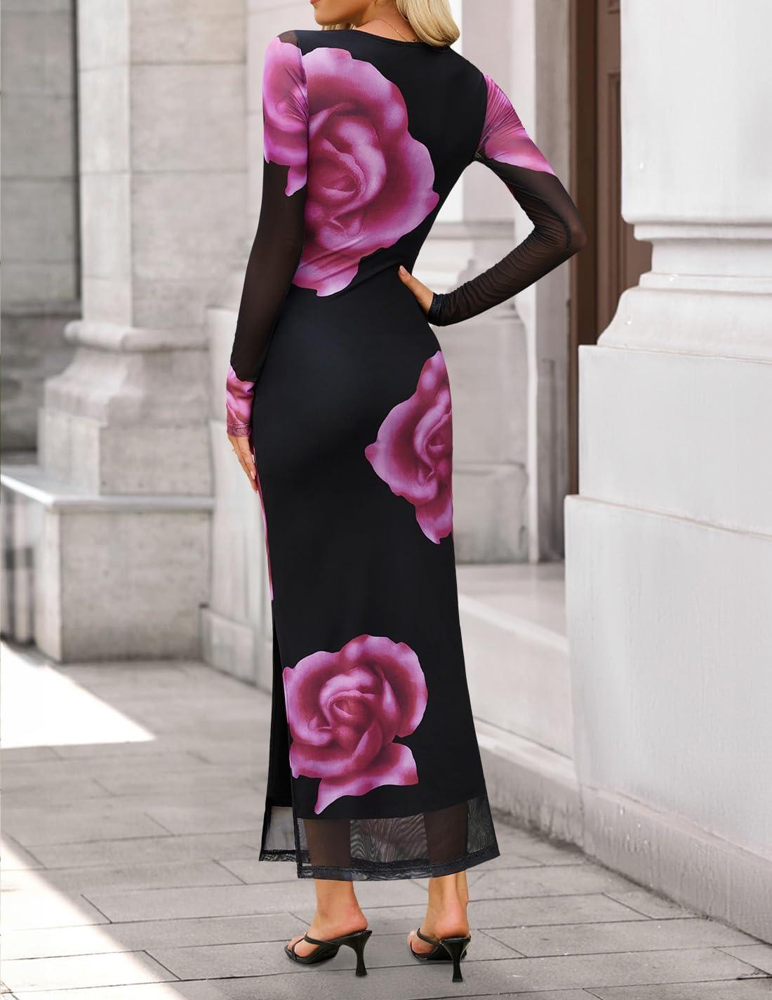 imageZESICA Womens Long Sleeve Floral Maxi Dresses 2025 Fall Bodycon Crewneck Side Slit Ruched Fitted Party Long DressPurple