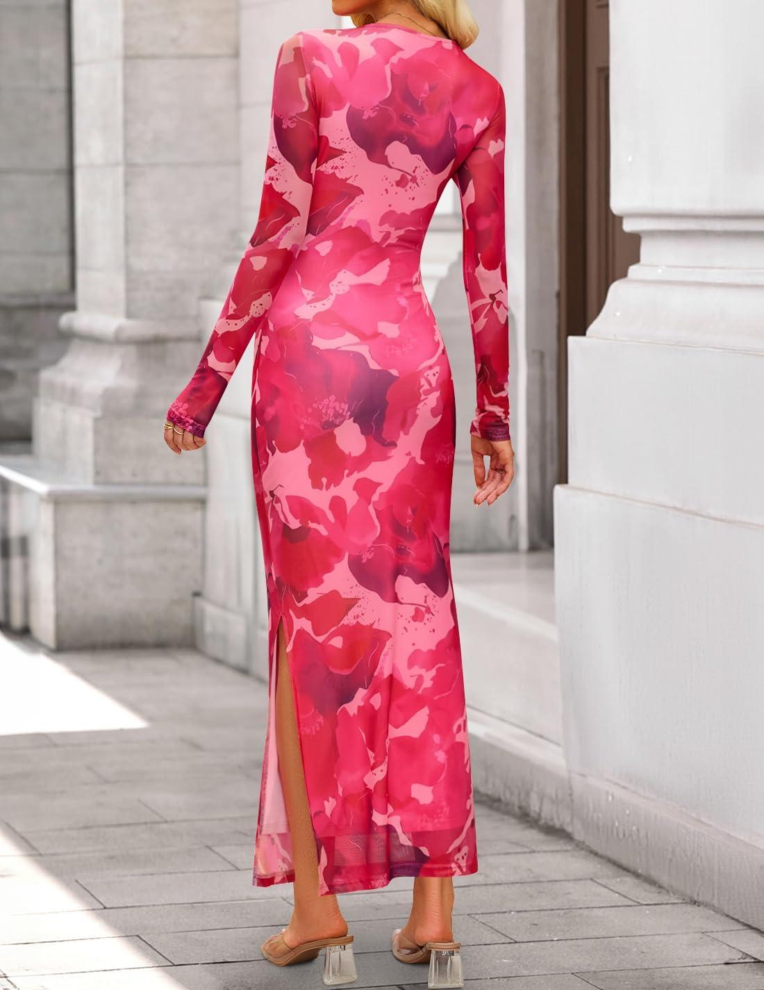 imageZESICA Womens Long Sleeve Floral Maxi Dresses 2025 Fall Bodycon Crewneck Side Slit Ruched Fitted Party Long DressRose