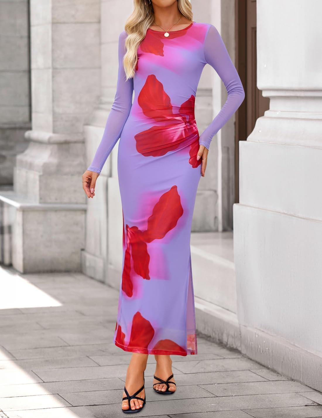 imageZESICA Womens Long Sleeve Floral Maxi Dresses 2025 Fall Bodycon Crewneck Side Slit Ruched Fitted Party Long DressViolets