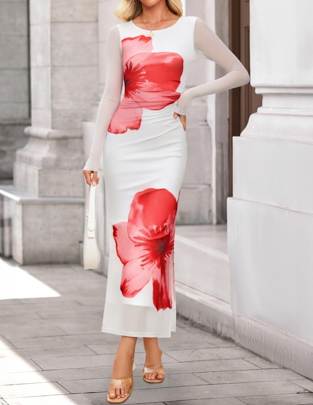 imageZESICA Womens Long Sleeve Floral Maxi Dresses 2025 Fall Bodycon Crewneck Side Slit Ruched Fitted Party Long DressWhite