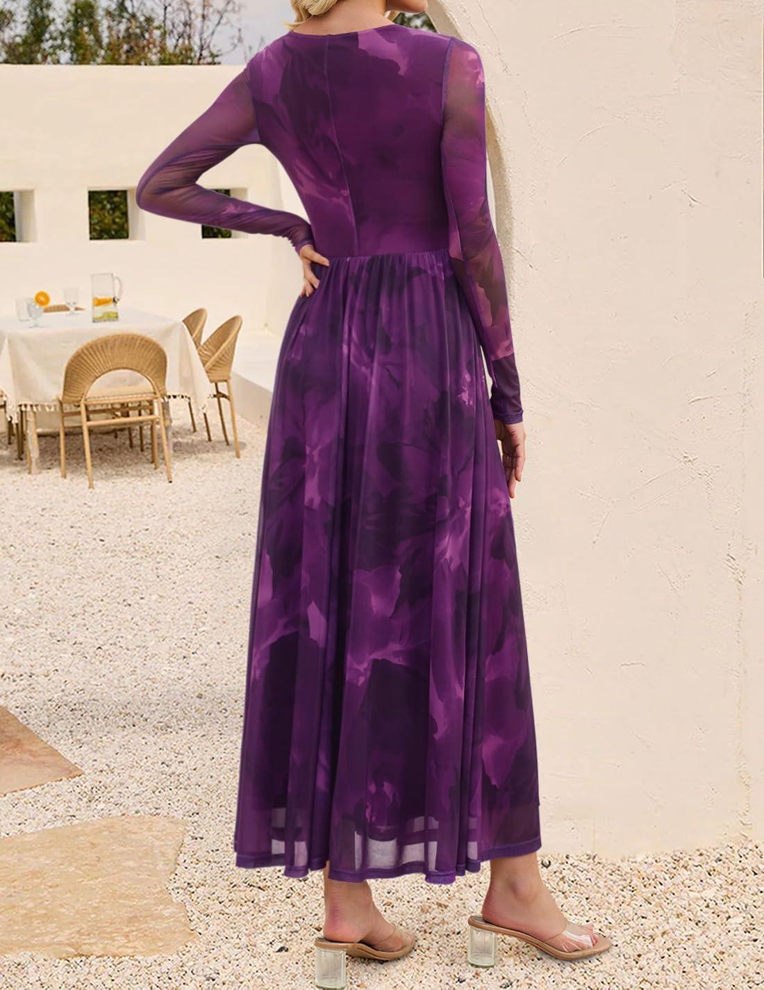 imageZESICA Womens Maxi Dress 2025 Fall Long Sleeve Crewneck Floral Print Mesh Ruched Party Wedding Guest DressesPurple
