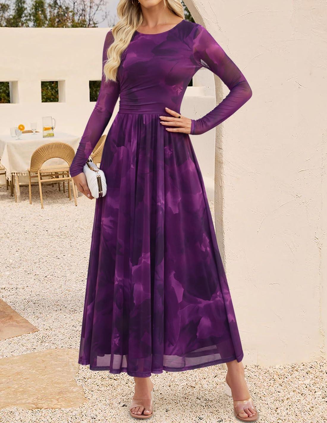 imageZESICA Womens Maxi Dress 2025 Fall Long Sleeve Crewneck Floral Print Mesh Ruched Party Wedding Guest DressesPurple