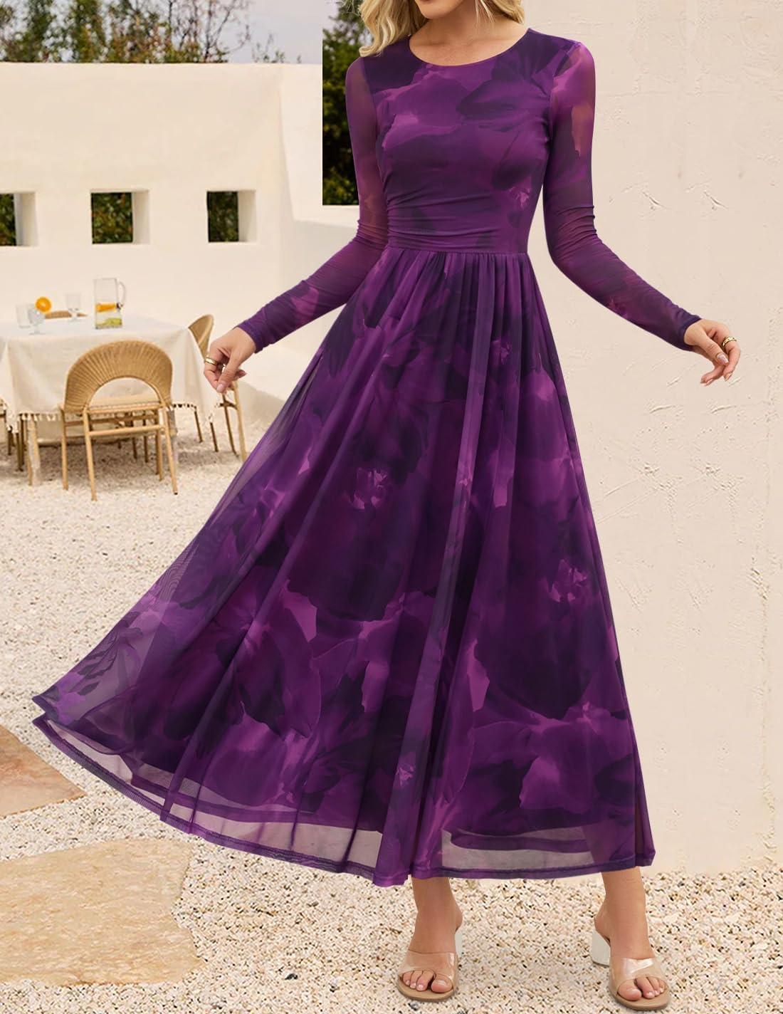 imageZESICA Womens Maxi Dress 2025 Fall Long Sleeve Crewneck Floral Print Mesh Ruched Party Wedding Guest DressesPurple
